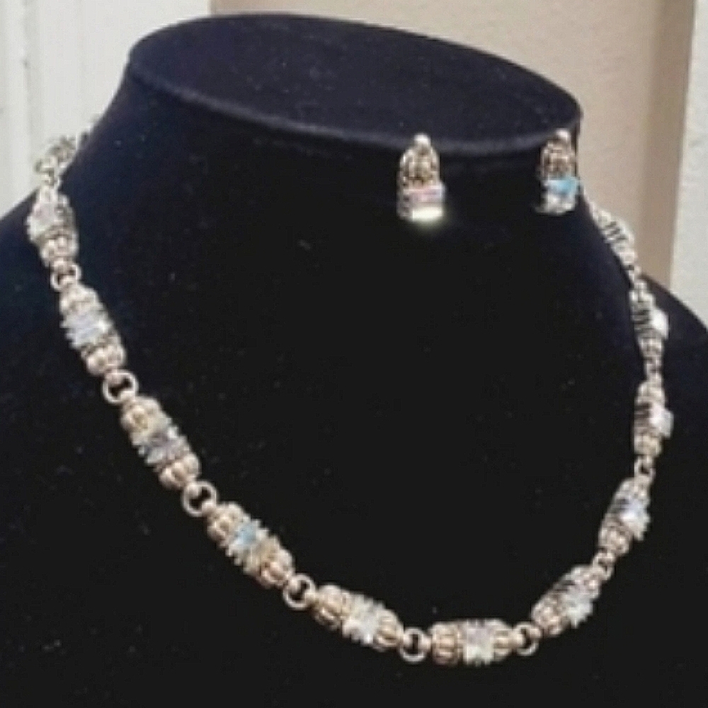 Vintage Silver Square Rhinestone Jewellery Set. Necklace With Earrings. 🌴